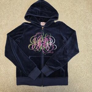 Juicy Couture Vintage Y2K Navy Blue Velour Rhinestone Hoodie Made in USA Large
